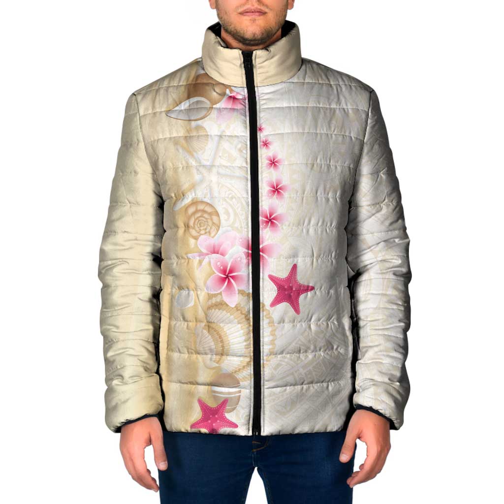 Beige Frangipani Sea Shell Padded Jacket Starfish Polynesian Pattern LT01 Men Beige - Polynesian Pride