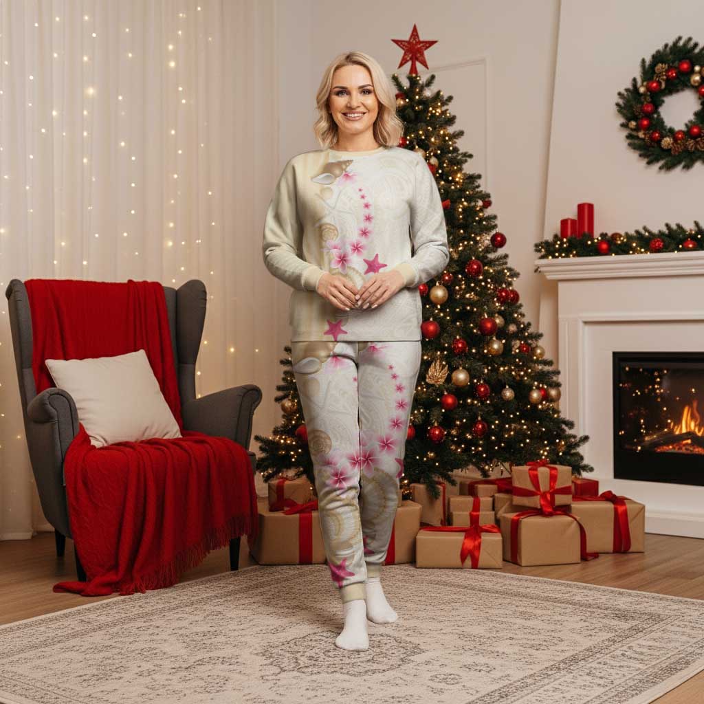Beige Frangipani Sea Shell Christmas Pajama Set Starfish Polynesian Pattern LT01 Women Beige - Polynesian Pride