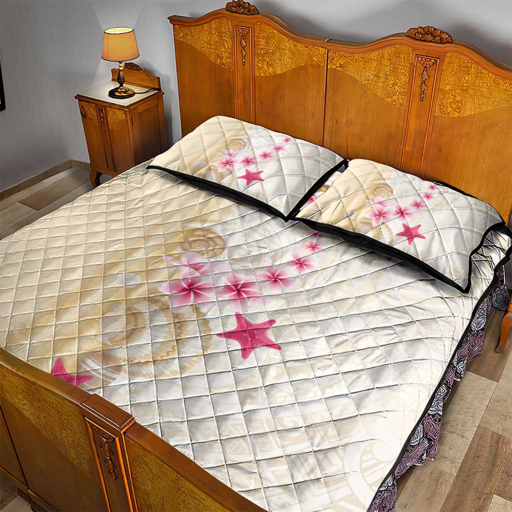 Beige Frangipani Sea Shell Quilt Bed Set Starfish Polynesian Pattern - Polynesian Pride