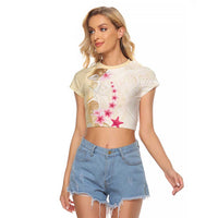 Beige Frangipani Sea Shell Raglan Cropped T Shirt Starfish Polynesian Pattern LT01 Female Beige - Polynesian Pride