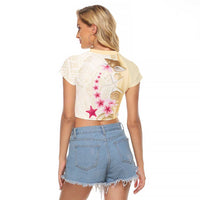 Beige Frangipani Sea Shell Raglan Cropped T Shirt Starfish Polynesian Pattern LT01 - Polynesian Pride