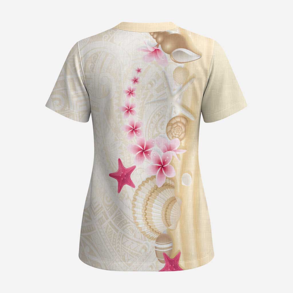 Beige Frangipani Sea Shell Scrub Top Starfish Polynesian Pattern LT01 - Polynesian Pride