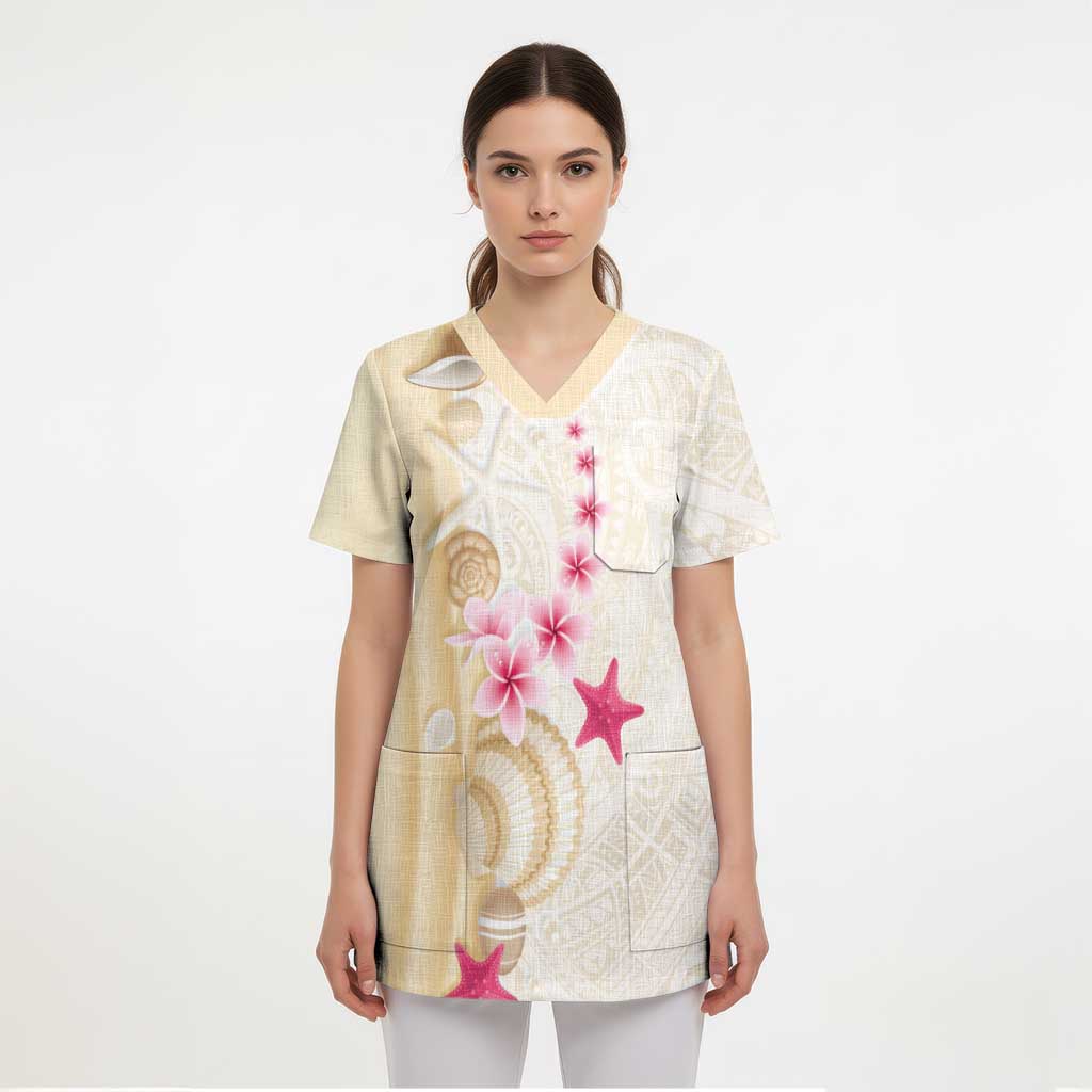 Beige Frangipani Sea Shell Scrub Top Starfish Polynesian Pattern LT01 - Polynesian Pride