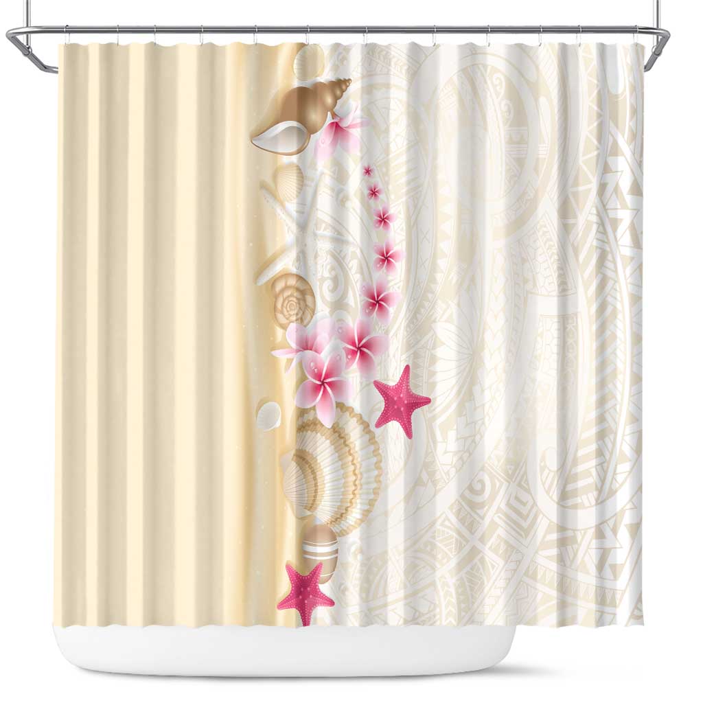 Beige Frangipani Sea Shell Shower Curtain Starfish Polynesian Pattern - Polynesian Pride