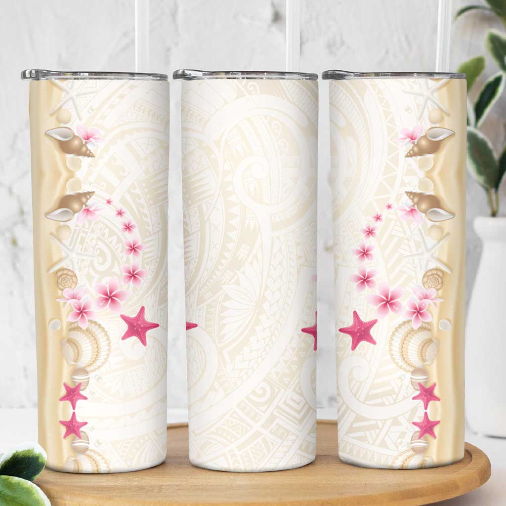 Beige Frangipani Sea Shell Skinny Tumbler Starfish Polynesian Pattern - Polynesian Pride