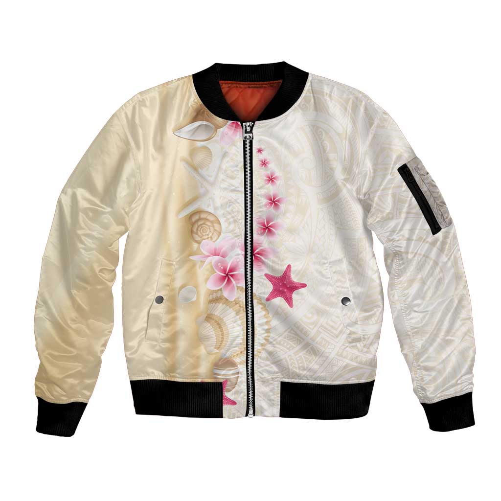 Beige Frangipani Sea Shell Sleeve Zip Bomber Jacket Starfish Polynesian Pattern LT01 Unisex Beige - Polynesian Pride