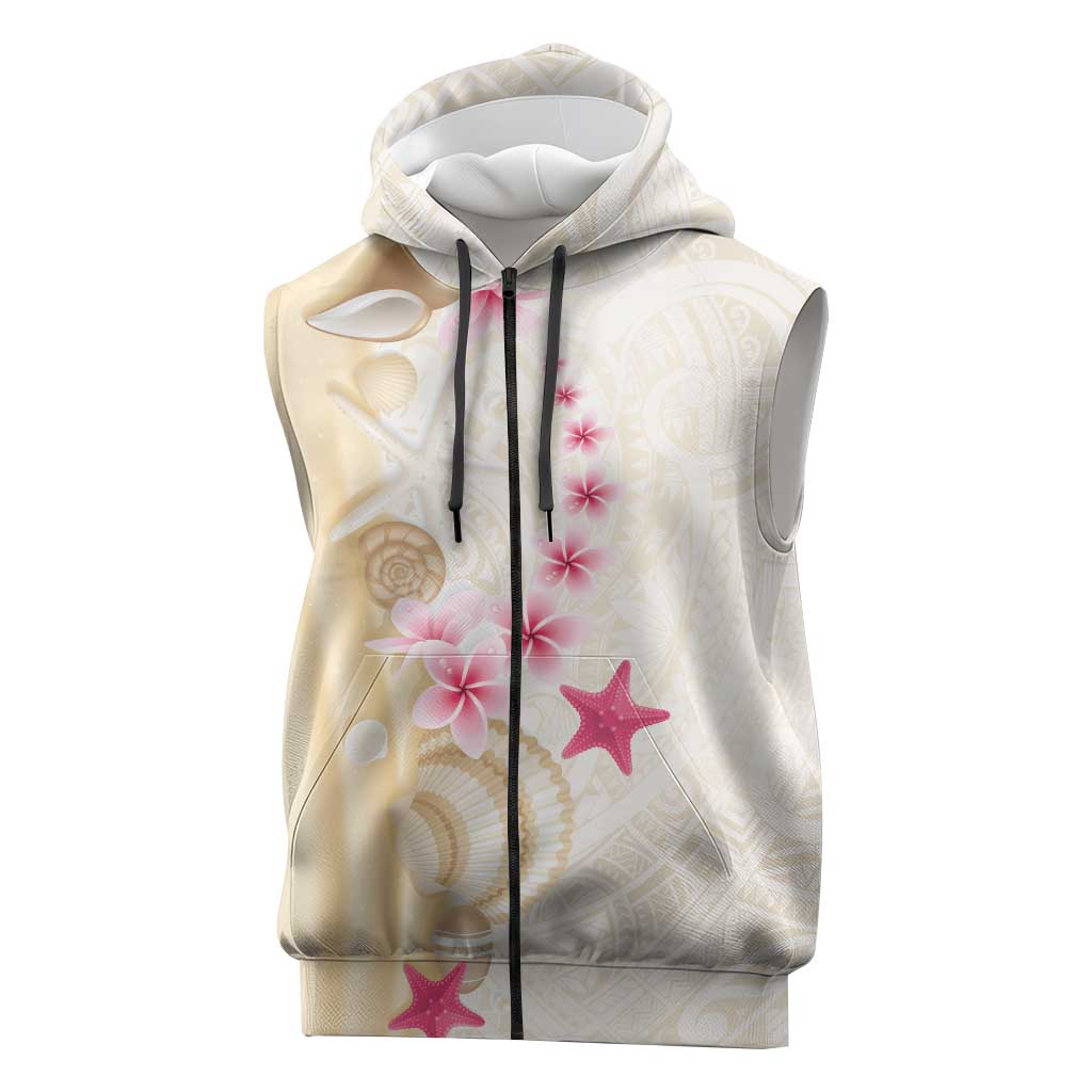 Beige Frangipani Sea Shell Sleeveless Zip Hoodie Starfish Polynesian Pattern LT01 Beige - Polynesian Pride
