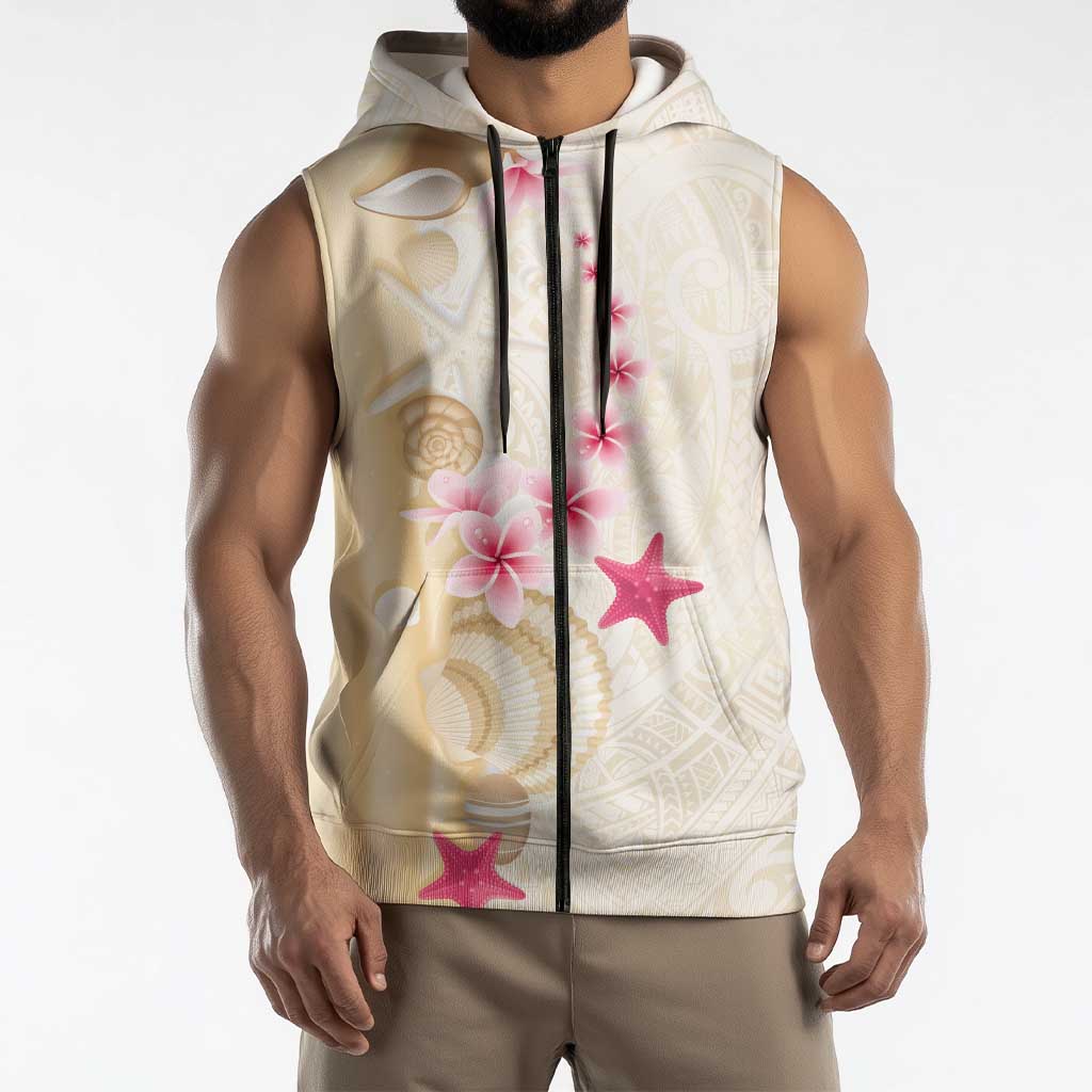 Beige Frangipani Sea Shell Sleeveless Zip Hoodie Starfish Polynesian Pattern LT01 - Polynesian Pride
