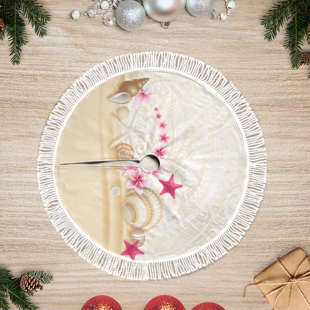 Beige Frangipani Sea Shell Tree Skirt Starfish Polynesian Pattern LT01 Fringed Beige - Polynesian Pride