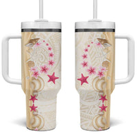 Beige Frangipani Sea Shell Tumbler With Handle Starfish Polynesian Pattern - Polynesian Pride