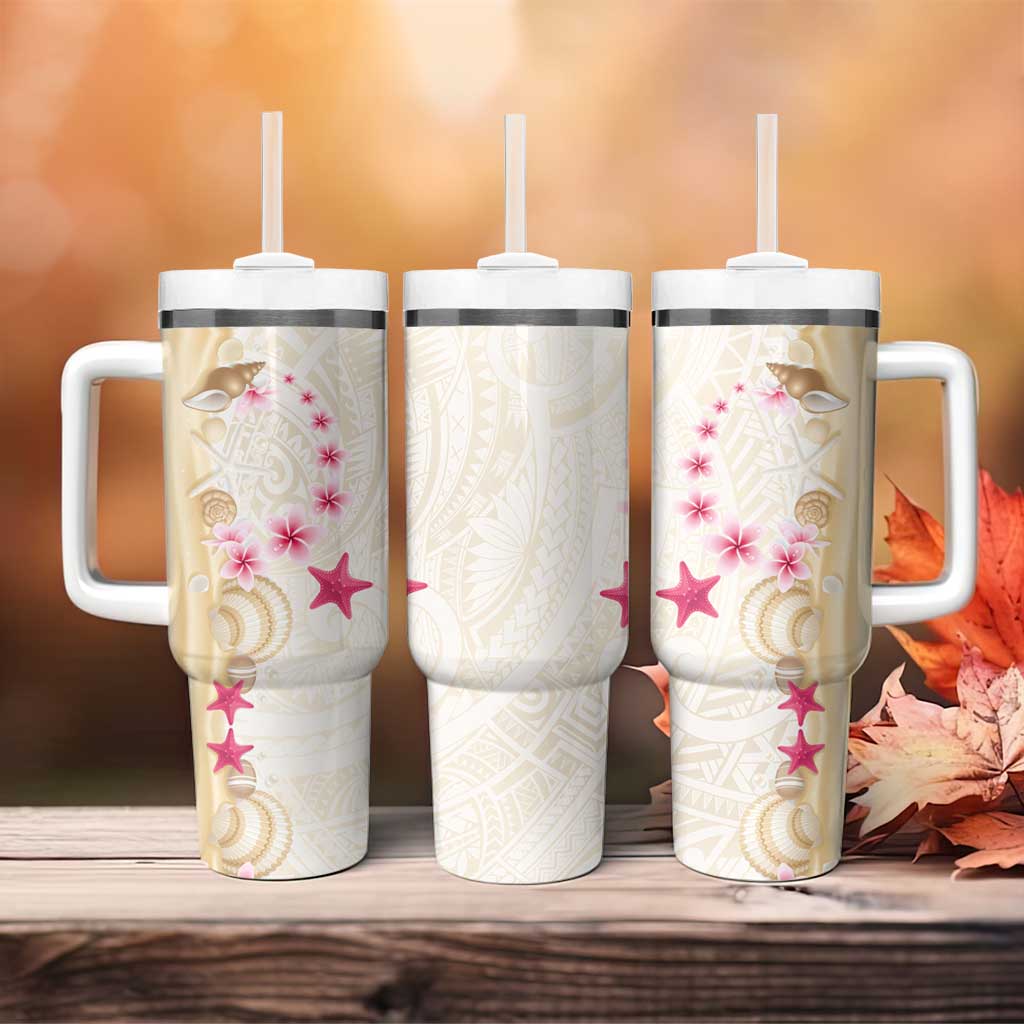 Beige Frangipani Sea Shell Tumbler With Handle Starfish Polynesian Pattern - Polynesian Pride