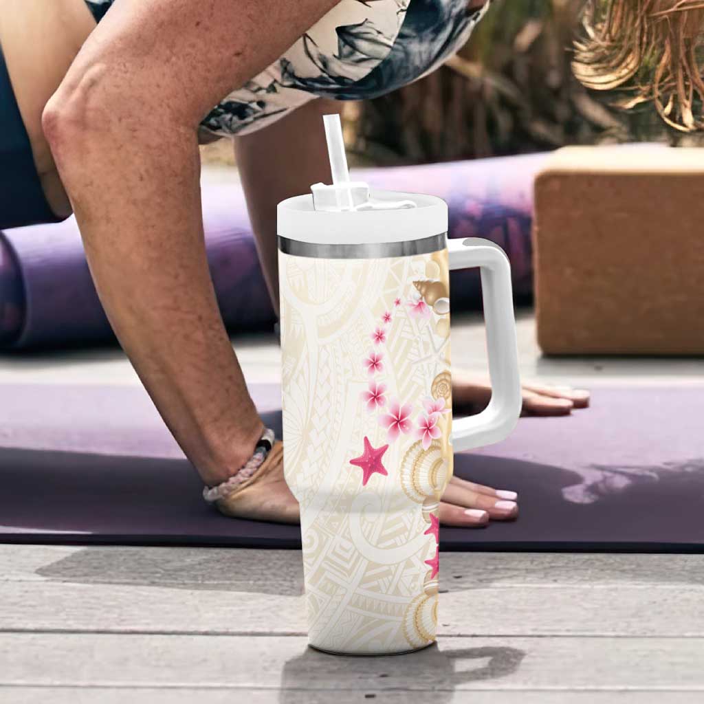 Beige Frangipani Sea Shell Tumbler With Handle Starfish Polynesian Pattern - Polynesian Pride