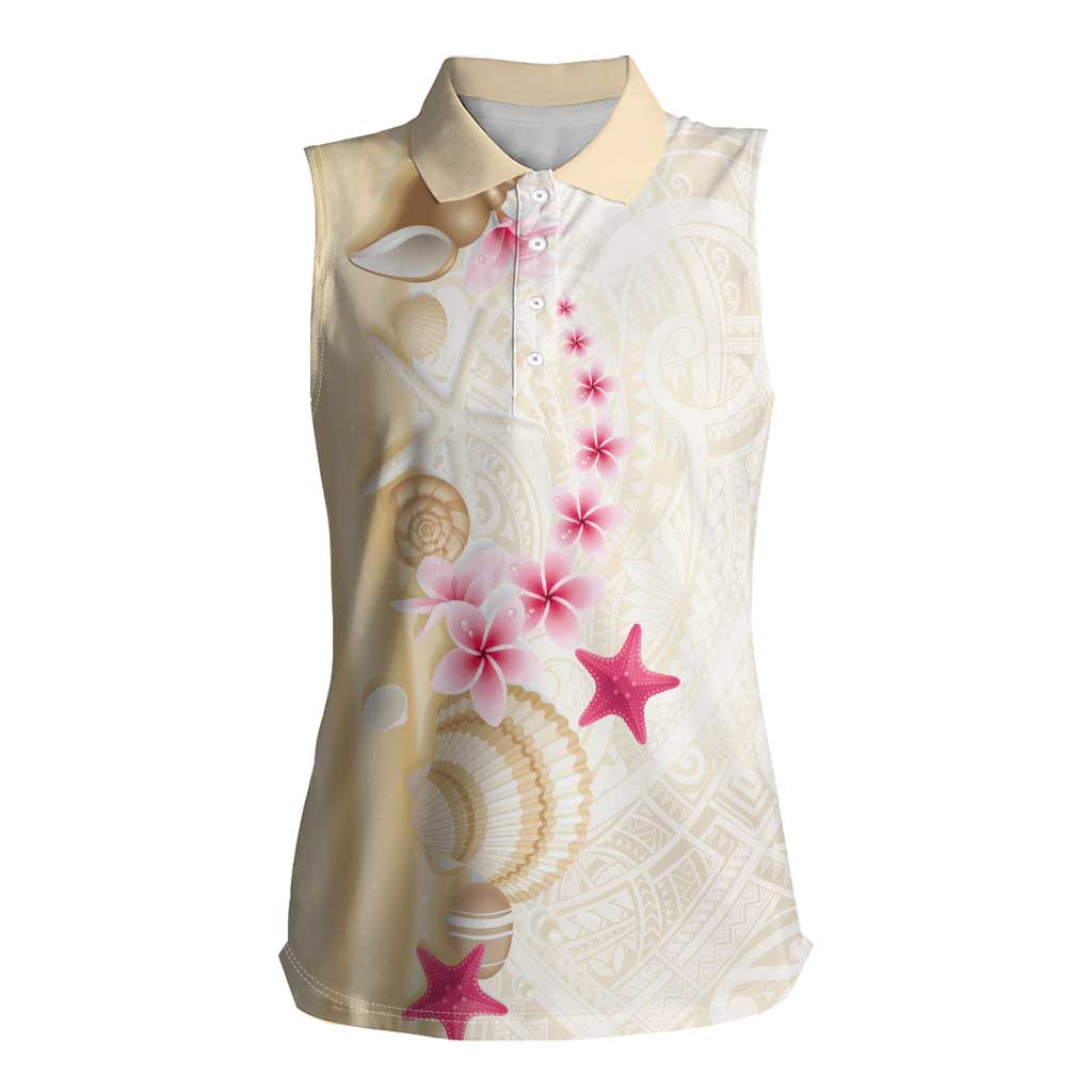 Beige Frangipani Sea Shell Women Sleeveless Polo Shirt Starfish Polynesian Pattern LT01 Female Beige - Polynesian Pride