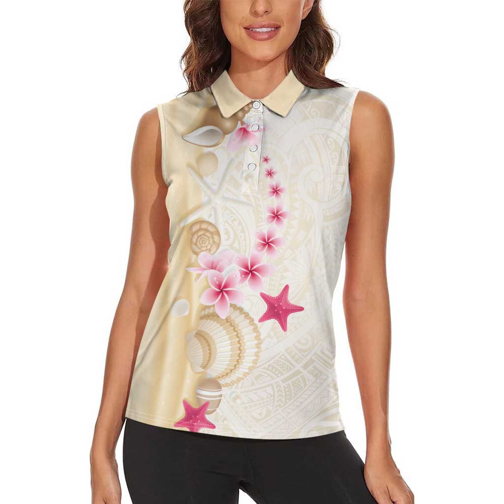 Beige Frangipani Sea Shell Women Sleeveless Polo Shirt Starfish Polynesian Pattern LT01 - Polynesian Pride