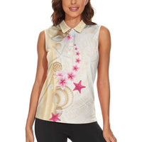 Beige Frangipani Sea Shell Women Sleeveless Polo Shirt Starfish Polynesian Pattern LT01 - Polynesian Pride