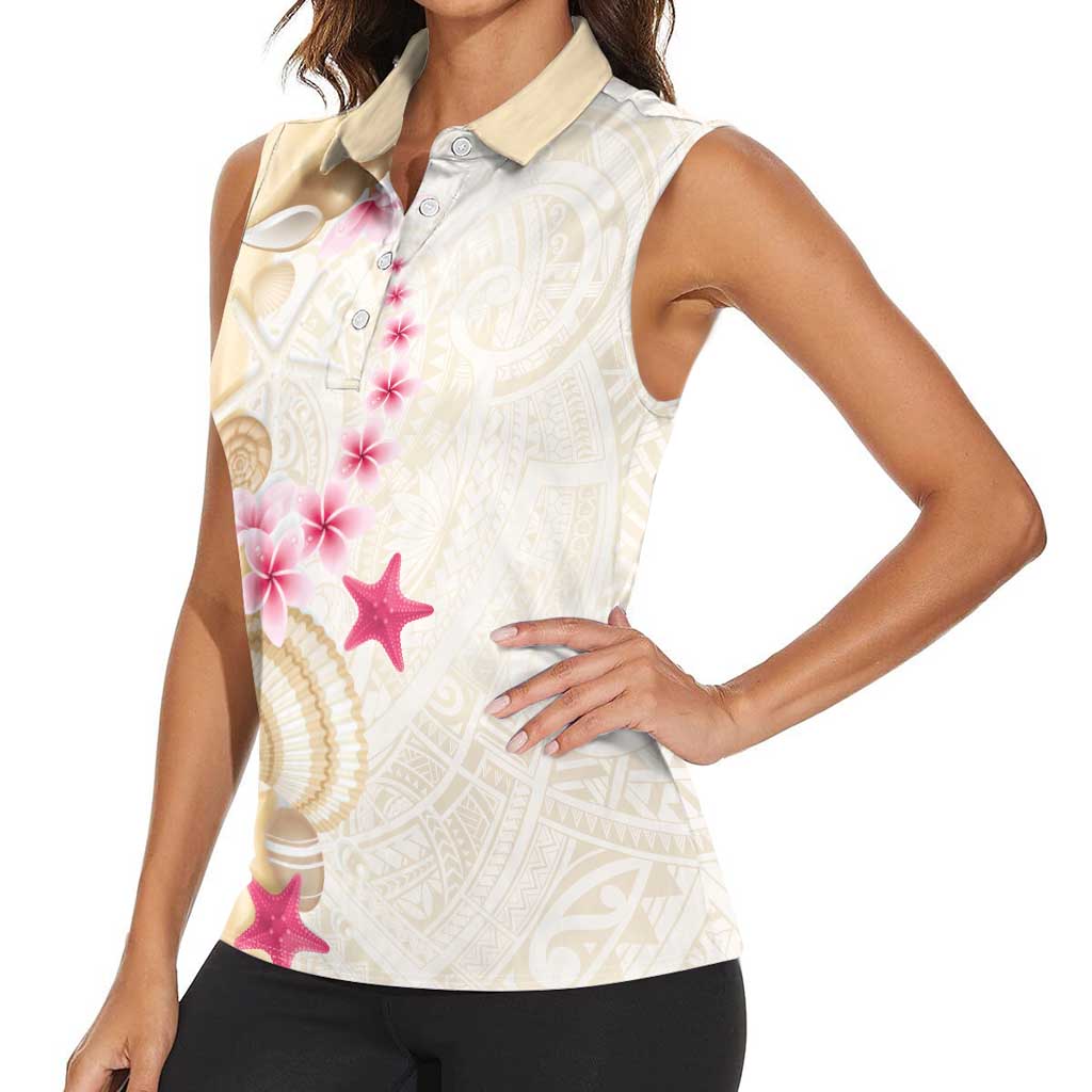 Beige Frangipani Sea Shell Women Sleeveless Polo Shirt Starfish Polynesian Pattern LT01 - Polynesian Pride