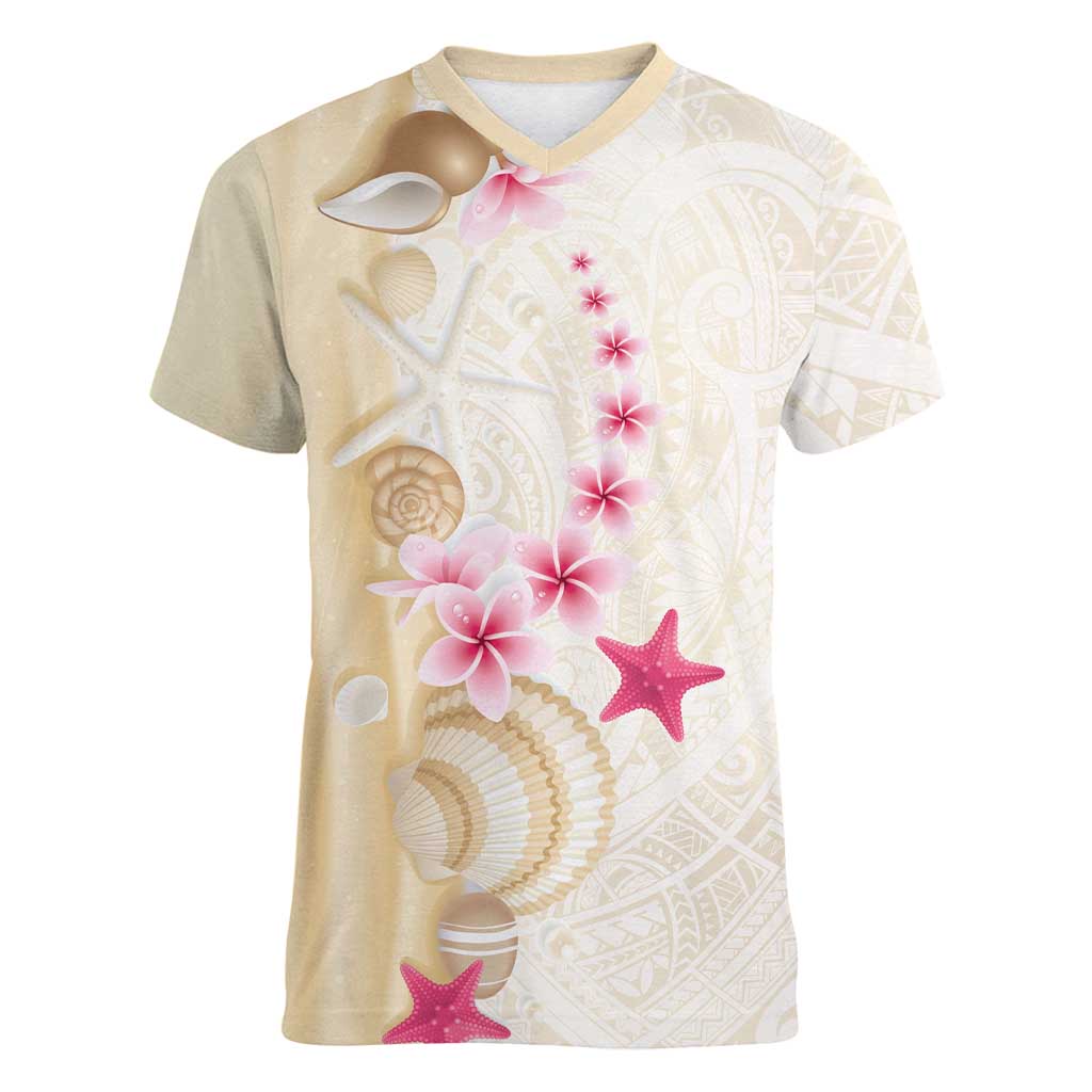 Beige Frangipani Sea Shell Women V-Neck T-Shirt Starfish Polynesian Pattern LT01 Female Beige - Polynesian Pride