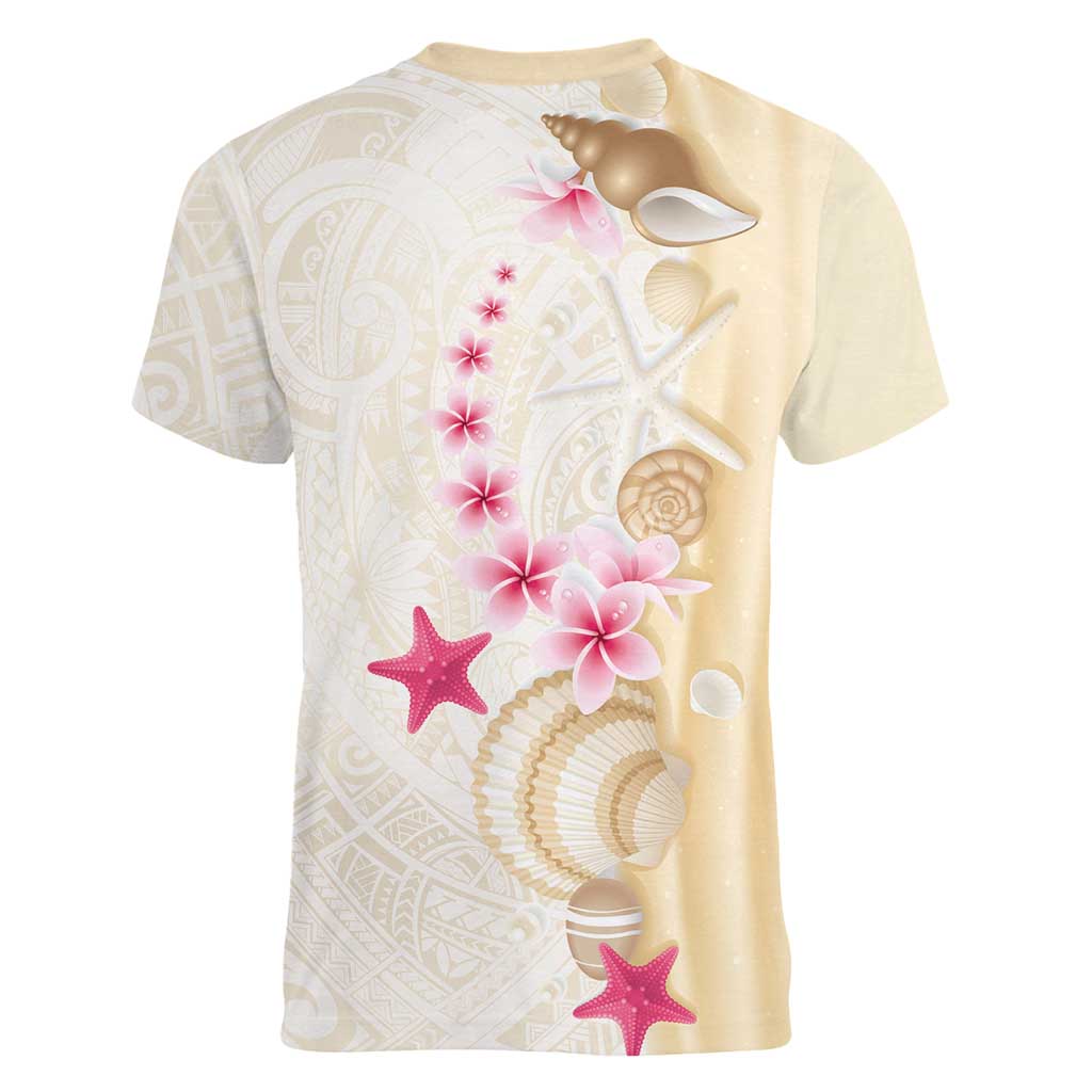 Beige Frangipani Sea Shell Women V-Neck T-Shirt Starfish Polynesian Pattern LT01 - Polynesian Pride