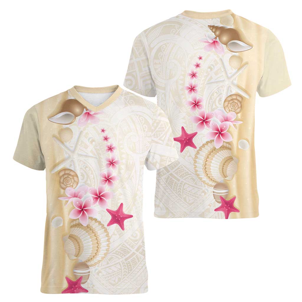 Beige Frangipani Sea Shell Women V-Neck T-Shirt Starfish Polynesian Pattern LT01 - Polynesian Pride