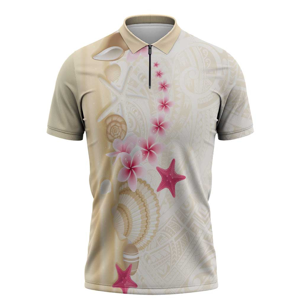 Beige Frangipani Sea Shell Zipper Polo Shirt Starfish Polynesian Pattern LT01 Beige - Polynesian Pride