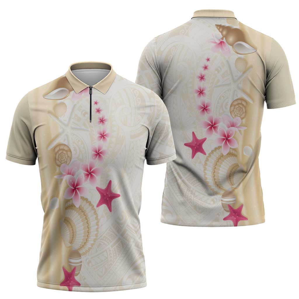 Beige Frangipani Sea Shell Zipper Polo Shirt Starfish Polynesian Pattern LT01 - Polynesian Pride