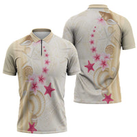 Beige Frangipani Sea Shell Zipper Polo Shirt Starfish Polynesian Pattern LT01 - Polynesian Pride