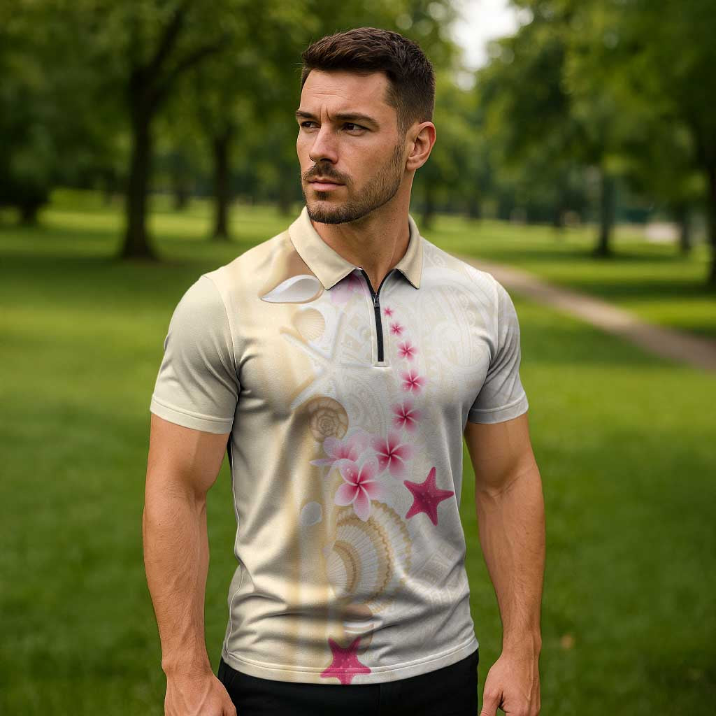 Beige Frangipani Sea Shell Zipper Polo Shirt Starfish Polynesian Pattern LT01 - Polynesian Pride