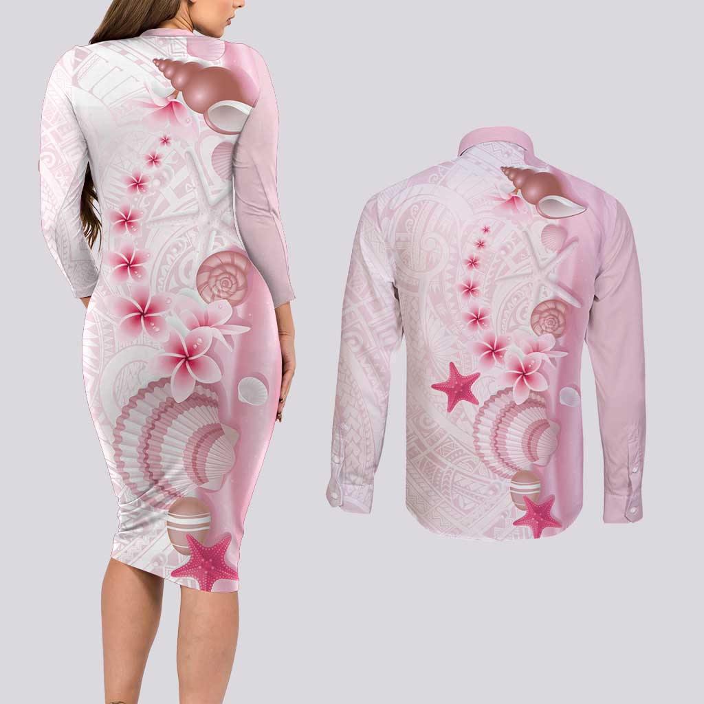 Pink Plumeria Sea Shell Couples Matching Long Sleeve Bodycon Dress and Long Sleeve Button Shirt Starfish Polynesian Pattern LT01 - Polynesian Pride
