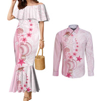 Pink Plumeria Sea Shell Couples Matching Mermaid Dress and Long Sleeve Button Shirt Starfish Polynesian Pattern LT01 Pink - Polynesian Pride