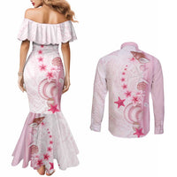 Pink Plumeria Sea Shell Couples Matching Mermaid Dress and Long Sleeve Button Shirt Starfish Polynesian Pattern LT01 - Polynesian Pride