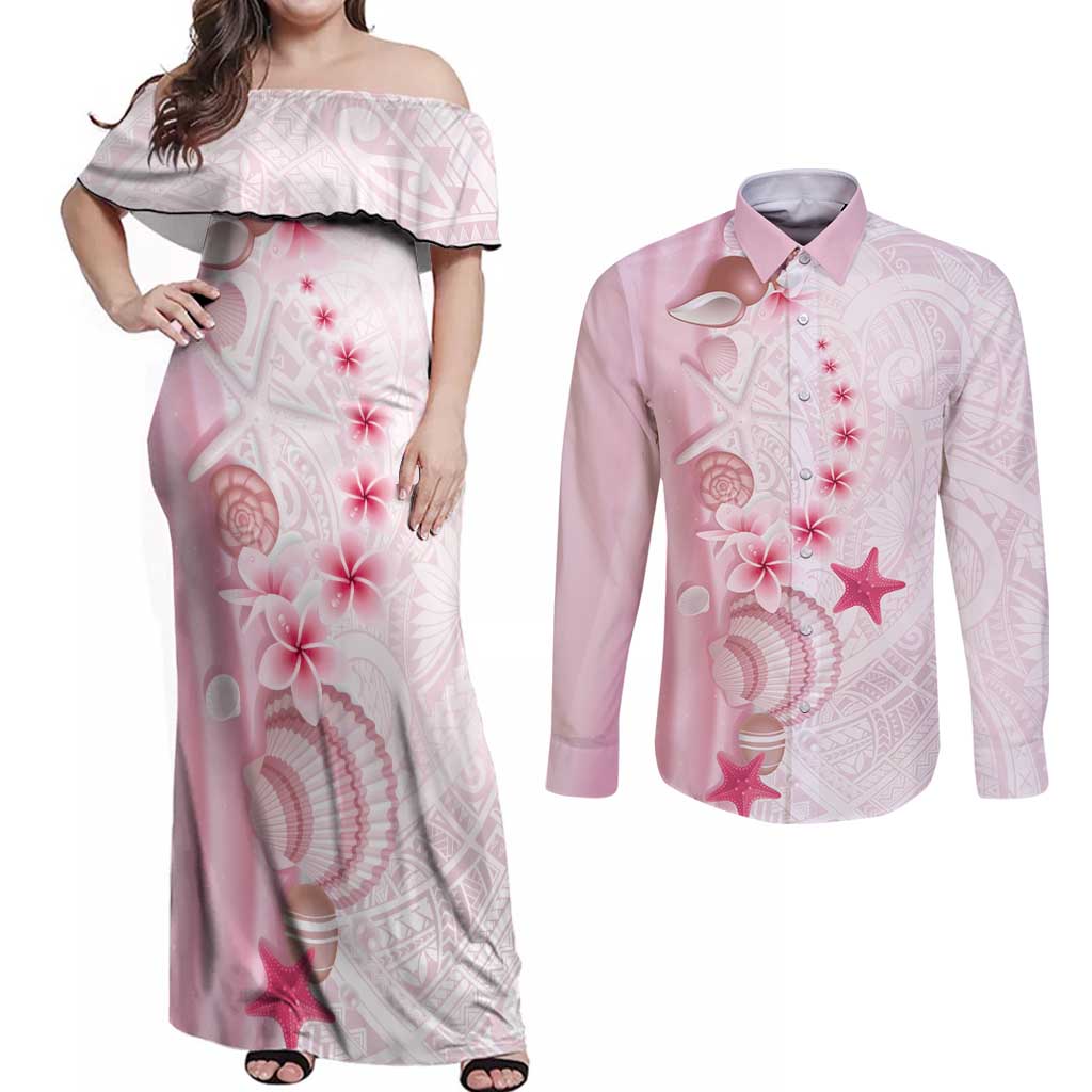 Pink Plumeria Sea Shell Couples Matching Off Shoulder Maxi Dress and Long Sleeve Button Shirt Starfish Polynesian Pattern LT01 Pink - Polynesian Pride