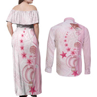 Pink Plumeria Sea Shell Couples Matching Off Shoulder Maxi Dress and Long Sleeve Button Shirt Starfish Polynesian Pattern LT01 - Polynesian Pride
