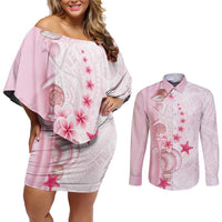 Pink Plumeria Sea Shell Couples Matching Off Shoulder Short Dress and Long Sleeve Button Shirt Starfish Polynesian Pattern LT01 Pink - Polynesian Pride