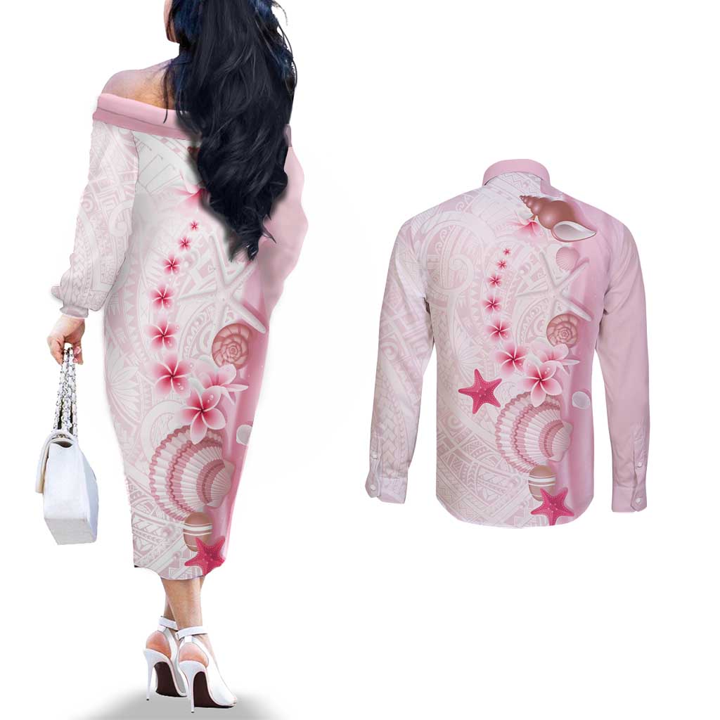 Pink Plumeria Sea Shell Couples Matching Off The Shoulder Long Sleeve Dress and Long Sleeve Button Shirt Starfish Polynesian Pattern LT01 - Polynesian Pride