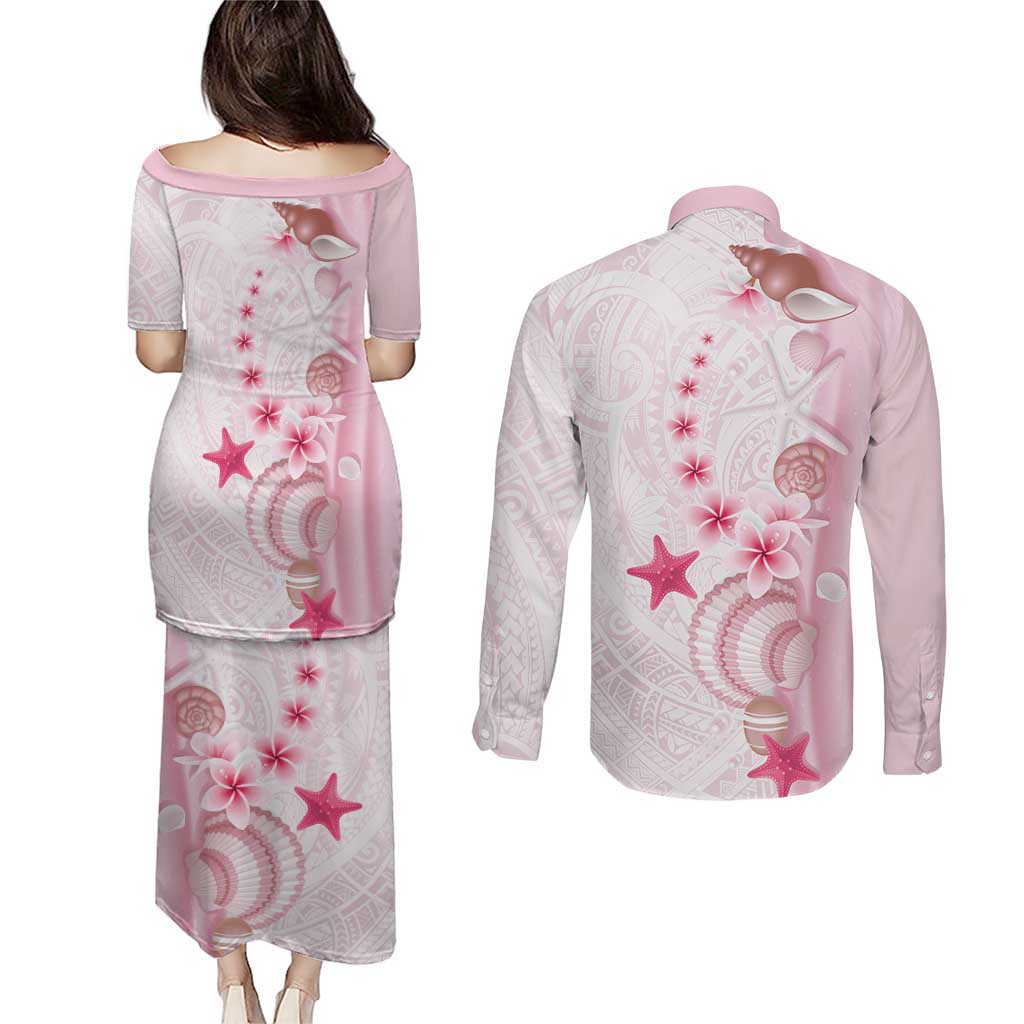 Pink Plumeria Sea Shell Couples Matching Puletasi and Long Sleeve Button Shirt Starfish Polynesian Pattern LT01 - Polynesian Pride