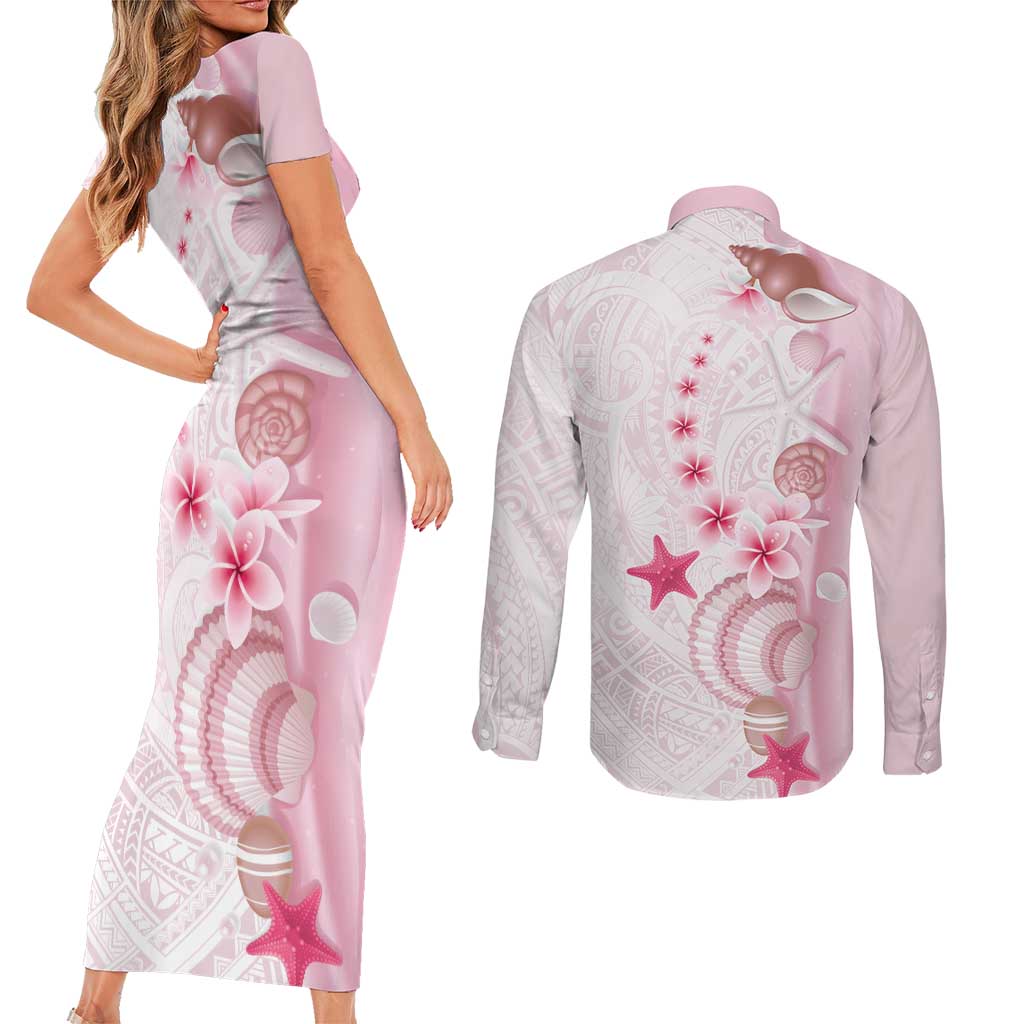 Pink Plumeria Sea Shell Couples Matching Short Sleeve Bodycon Dress and Long Sleeve Button Shirt Starfish Polynesian Pattern LT01 - Polynesian Pride