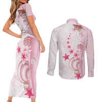 Pink Plumeria Sea Shell Couples Matching Short Sleeve Bodycon Dress and Long Sleeve Button Shirt Starfish Polynesian Pattern LT01 - Polynesian Pride