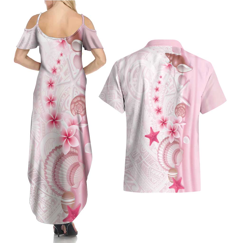 Pink Plumeria Sea Shell Couples Matching Summer Maxi Dress and Hawaiian Shirt Starfish Polynesian Pattern - Polynesian Pride