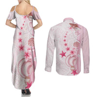 Pink Plumeria Sea Shell Couples Matching Summer Maxi Dress and Long Sleeve Button Shirt Starfish Polynesian Pattern LT01 - Polynesian Pride