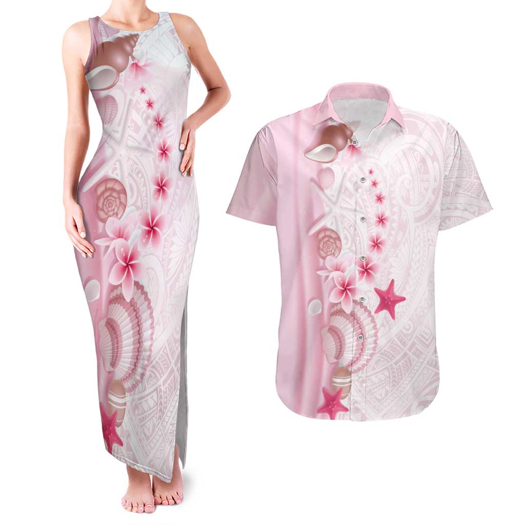 Pink Plumeria Sea Shell Couples Matching Tank Maxi Dress and Hawaiian Shirt Starfish Polynesian Pattern - Polynesian Pride