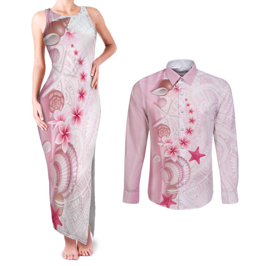 Pink Plumeria Sea Shell Couples Matching Tank Maxi Dress and Long Sleeve Button Shirt Starfish Polynesian Pattern LT01 Pink - Polynesian Pride