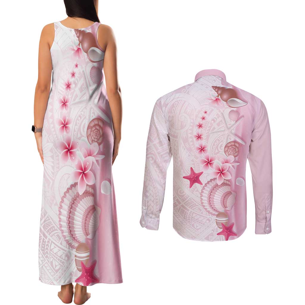 Pink Plumeria Sea Shell Couples Matching Tank Maxi Dress and Long Sleeve Button Shirt Starfish Polynesian Pattern LT01 - Polynesian Pride