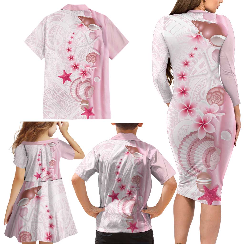 Pink Plumeria Sea Shell Family Matching Long Sleeve Bodycon Dress and Hawaiian Shirt Starfish Polynesian Pattern - Polynesian Pride
