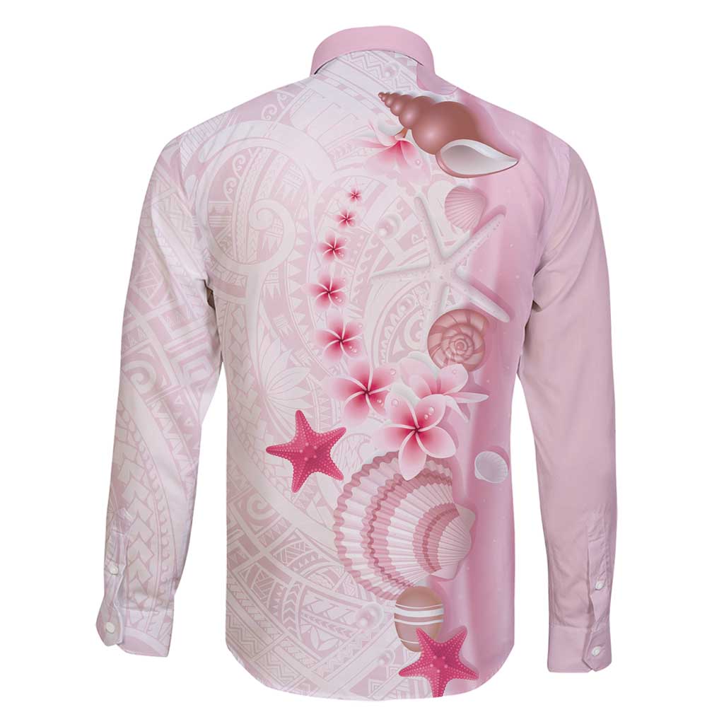 Pink Plumeria Sea Shell Family Matching Long Sleeve Bodycon Dress and Hawaiian Shirt Starfish Polynesian Pattern - Polynesian Pride