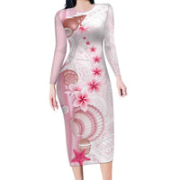 Pink Plumeria Sea Shell Family Matching Long Sleeve Bodycon Dress and Hawaiian Shirt Starfish Polynesian Pattern - Polynesian Pride