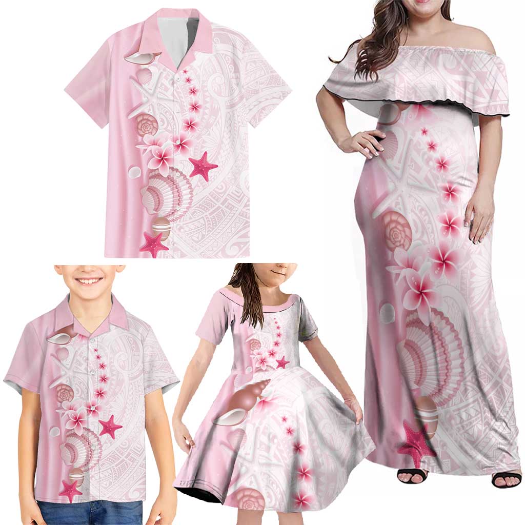 Pink Plumeria Sea Shell Family Matching Off Shoulder Maxi Dress and Hawaiian Shirt Starfish Polynesian Pattern - Polynesian Pride