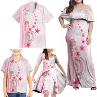 Pink Plumeria Sea Shell Family Matching Off Shoulder Maxi Dress and Hawaiian Shirt Starfish Polynesian Pattern - Polynesian Pride