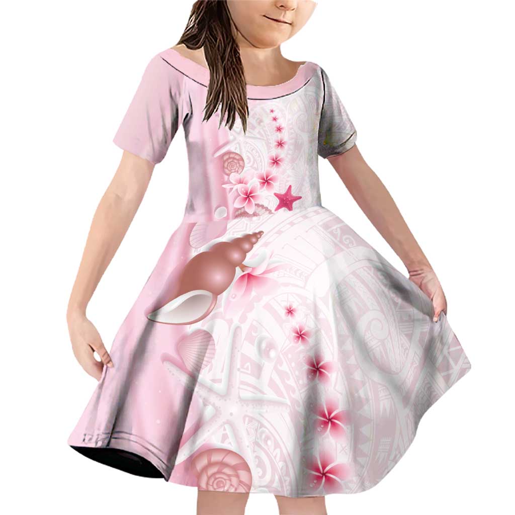 Pink Plumeria Sea Shell Family Matching Off Shoulder Short Dress and Hawaiian Shirt Starfish Polynesian Pattern - Polynesian Pride