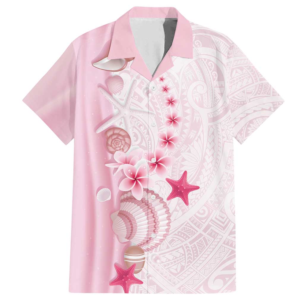 Pink Plumeria Sea Shell Family Matching Off Shoulder Short Dress and Hawaiian Shirt Starfish Polynesian Pattern - Polynesian Pride