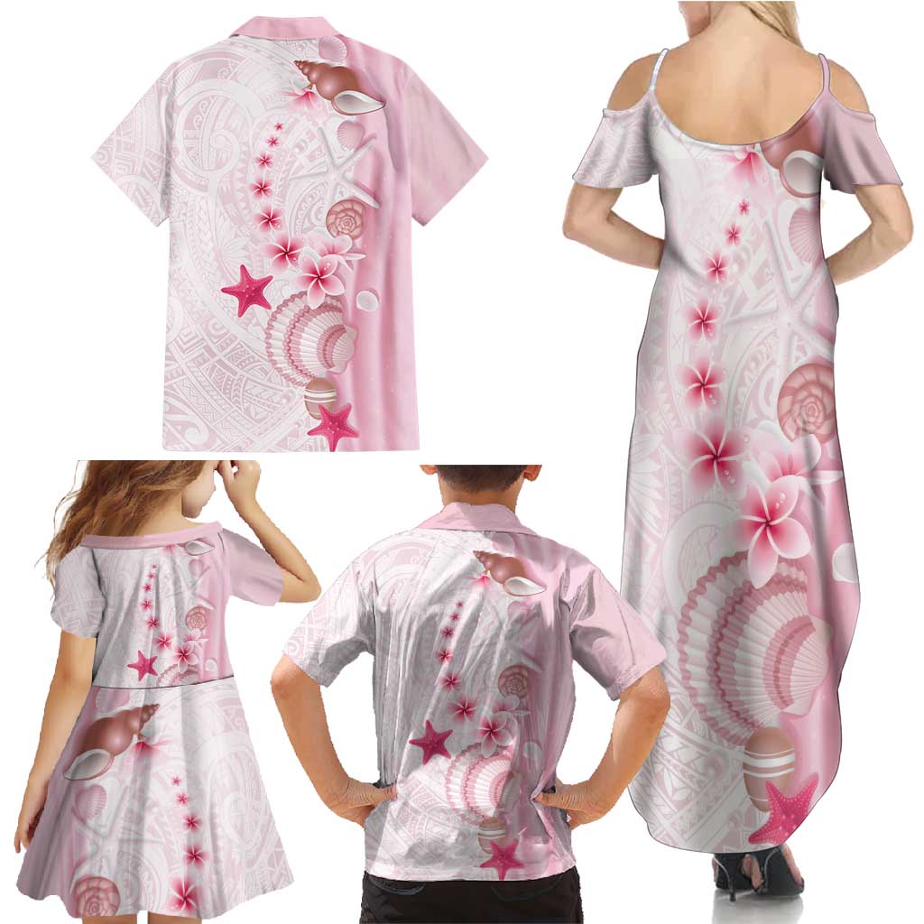 Pink Plumeria Sea Shell Family Matching Summer Maxi Dress and Hawaiian Shirt Starfish Polynesian Pattern - Polynesian Pride